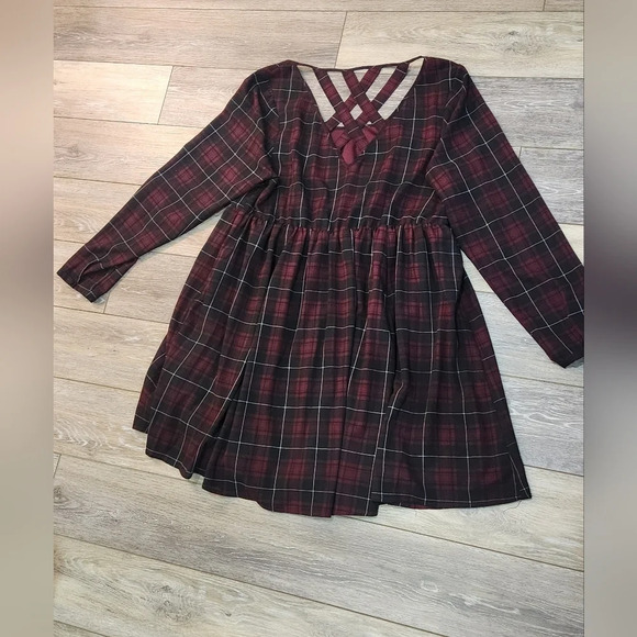 Torrid Womens 2X Red Plaid Crossback Long Sleeve Skater Dress Elastic Waist - Picture 8 of 11